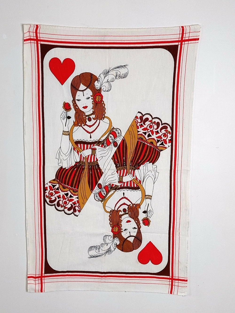 Vintage Scandinavian 100% Cotton Queen of Hearts Tea Towel, Retro MCM Kitchen